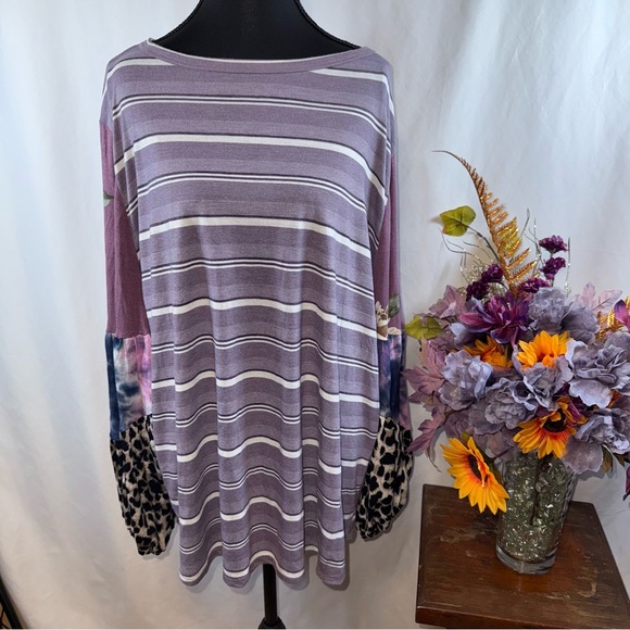 ODDY Tops - ODDY Purple Stripe Patchwork Leopard Sleeve Boho Tunic Top 1XL